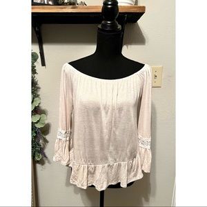 Altar’d State - Flowy Cream Off-Shoulder Top with Lace Trim Sleeves